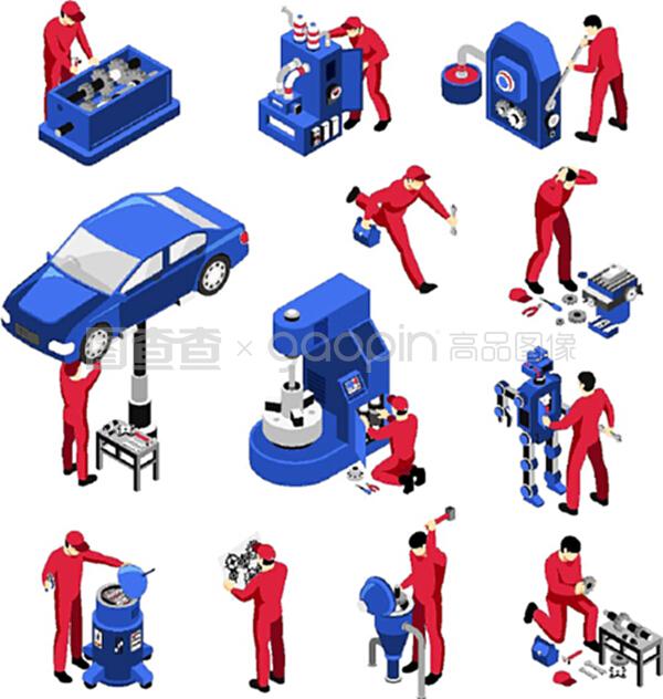 汽车修理用等距机械专用设备成套分离机械专用设备及工人矢量图